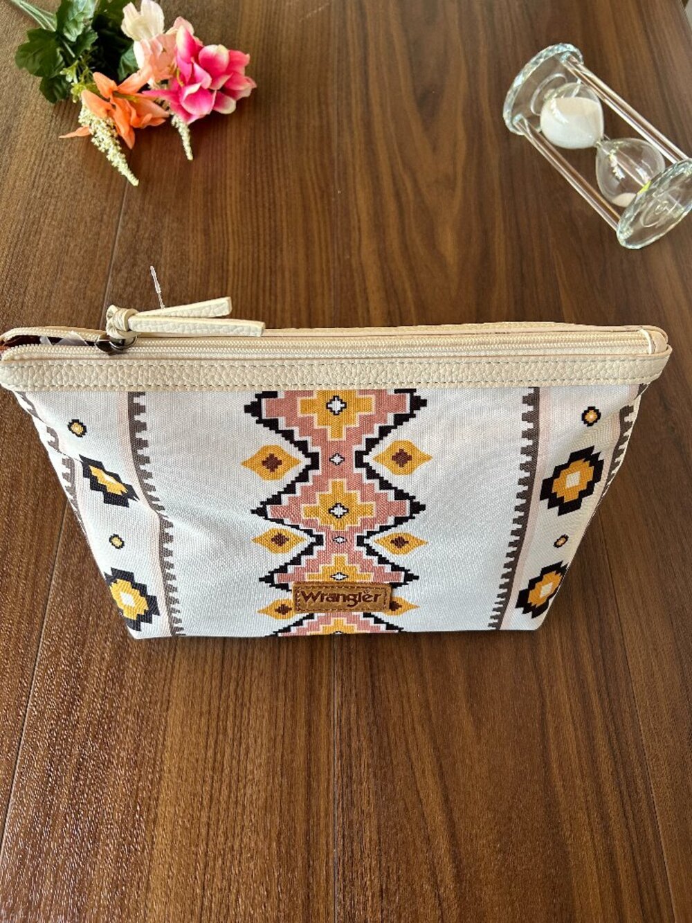 Wrangler White Boho Western Aztec Cosmetic Bag Zipper Travel Makeup Case
